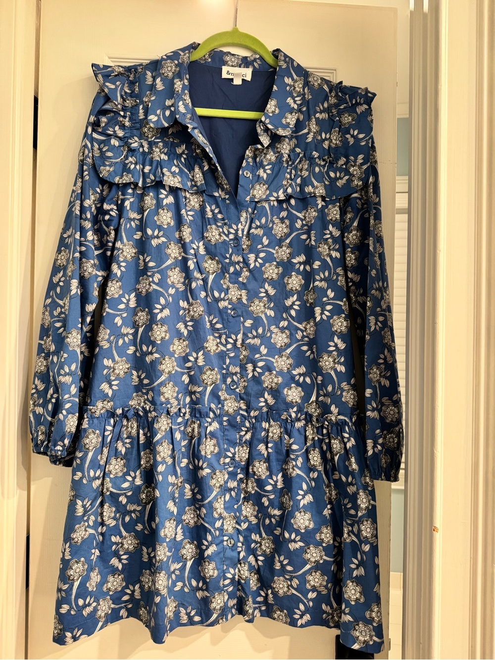 Women’s Blue Floral Ruffle Long-Sleeve Dress